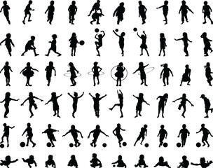 Naklejka premium Black silhouettes of children playing, illustration 
