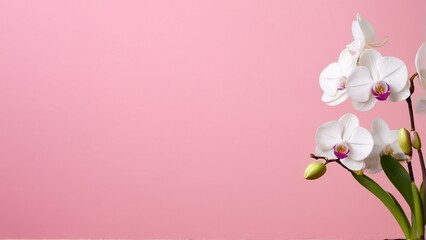 A bouquet of white orchids with pink and purple accents is displayed against a pink background.