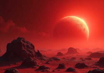 Striking red landscape with a large planet looming overhead under an otherworldly sky