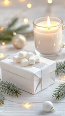 Warm atmosphere created by hot cocoa, marshmallows, and gift boxes amidst pine branches and glowing lights invites holiday relaxation