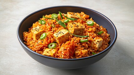 Fototapeta premium Delicious vegetarian rice bowl with tofu and green onions kitchen food photography bright atmosphere culinary art