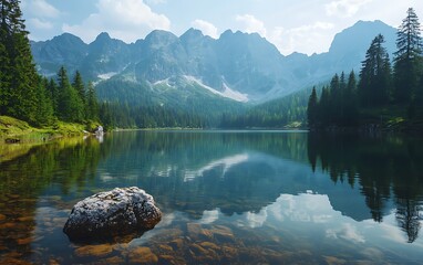Serene mountain lake reflecting majestic peaks under a clear sky. A single rock sits in the crystal-clear water.