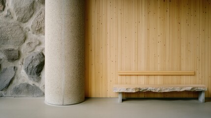 Concrete wall features a sleek oak shelf and polished wooden bench, highlighting modern minimalist design and architectural beauty