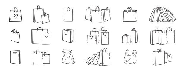Shopping bags icons doodle hand drawn set. Paper shopping bags drawing line outline vector black Set 