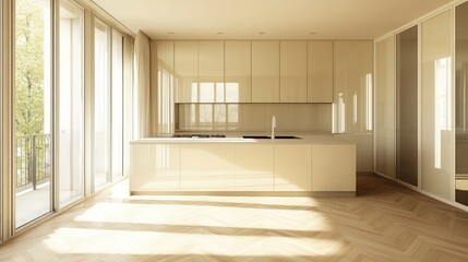 A bright, airy kitchen featuring a beautiful herringbone parquet floor and soft beige cabinets with a high-gloss finish. The room is illuminated by floor-to-ceiling windows.