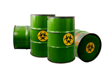 Barrel with toxic waste. Biohazard warning sign. Rusty dangerous barrel with pathogens, or other toxins on isolated background
