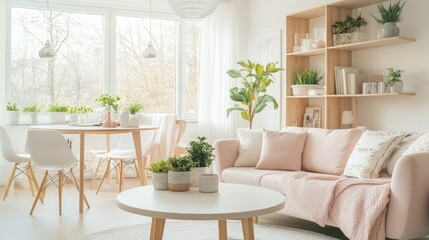 A bright and airy Scandinavian studio apartment with an emphasis on light wood and soft pastels. The living room includes a pale pink sofa, a round, white coffee table.