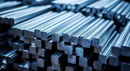 A stack of steel bars, stacked together in an industrial setting.