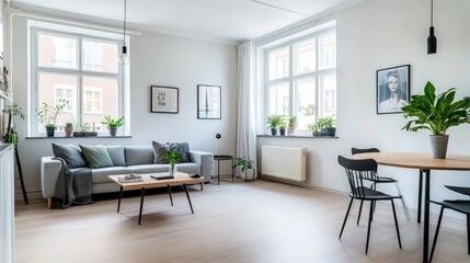 Fototapeta premium Modern living room interior with a grey sofa and wooden dining table serves as a bright background for real estate marketing.