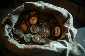Old worn canvas bag overflowing with collectible old european coins