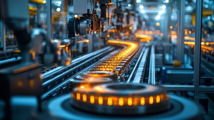 Automated Assembly Line with Glowing Components in a Factory Setting