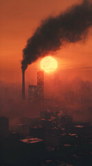 Obraz premium Smog-Shrouded Cityscape at Sunset: A 3D Digital Illustration of an Industrial Metropolis with a Factory Chimney Emitting Dark Smoke, Casting an Ominous Shadow Over the Skyline.
