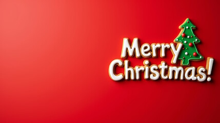 Cookies in shape of Christmas tree with  MERRY CHRISTMAS  text on  red background, Free space for text, New Year banner for invitation, greeting or Christmas sale.