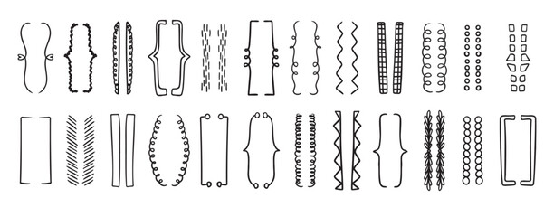 Hand drawn doodle brackets set. Scribble brackets and drawing in black. Wavy frames for text, silhouettes of parenthesis.