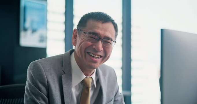 Businessman, face and consultant with computer, technology service company or agency. Japanese manager, client communication and networking with confidence, happiness and workplace smile portrait