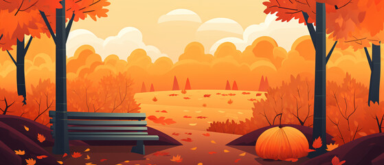 A flat design autumn background featuring a beautiful landscape with warm, earthy tones of fall, including colorful trees, falling leaves, and a serene, natural setting that evokes the feel of autumn