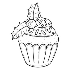 Christmas cake coloring book hand drawn. Cupcake. Sweet dessert. Pastry, biscuit, cream. Holly. Festive food. Holiday, event, celebration. Vector line art illustration. Page for kids and adults.