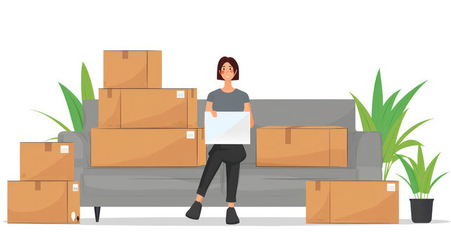 Young Woman Sitting on Couch Surrounded by Moving Boxes and Plants While Holding a Blank Sign in a Minimalist Living Room Setting Ideal for Relocation and Moving Themes