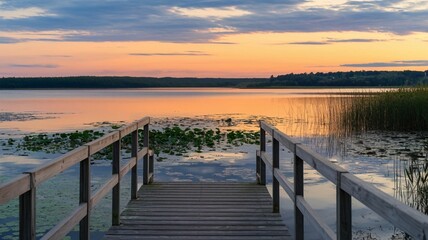 Obraz premium Bootssteg zum See mit Sonnenuntergang