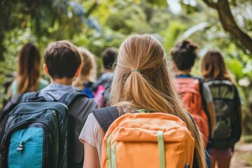 Fototapeta premium Students explore a natural trail during an outdoor adventure in lush greenery