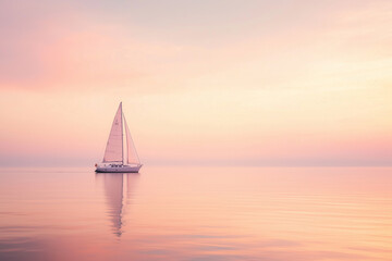 Fototapeta premium Sailboat on a calm sea at dawn, with soft pink and orange hues. Generative AI