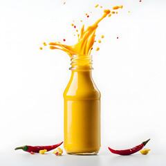 A vibrant splash of yellow liquid bursts from a glass bottle, surrounded by red chili peppers, conveying a sense of freshness and flavor.