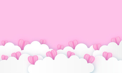 Happy Valentine's day  Beautiful paper cut white clouds with white heart frame on pink background. Vector illustration. Papercut style.