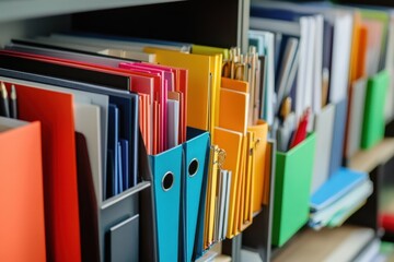 Organizing colorful files and documents on a modern shelf in an office space for better productivity