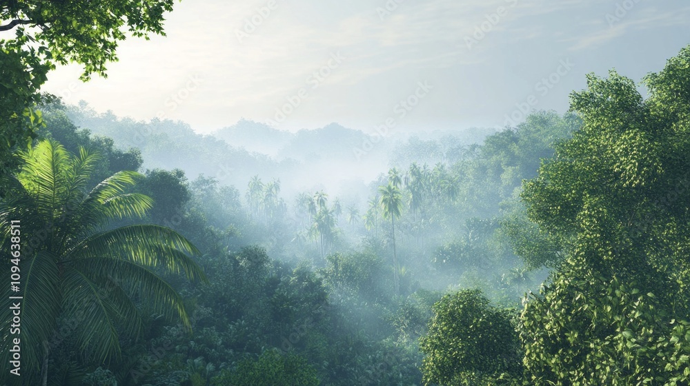 Poster a lush green forest with a foggy mist in the air. the trees are tall and leafy, and the sky is cloud
