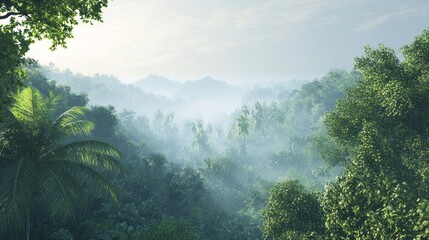 A lush green forest with a foggy mist in the air. The trees are tall and leafy, and the sky is cloudy. The scene is serene and peaceful, with the mist adding a sense of mystery