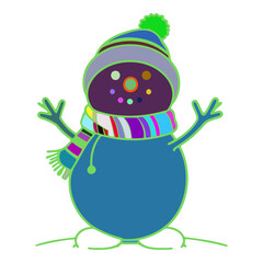 Snowman is wearing a purple hat and has a black nose. The hat has a green stripe on it. The eyes of the snowman are yellow. There is a black scarf around the neck.
