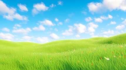 Fototapeta premium Blue sky white cloud green grass landscape illustration poster background