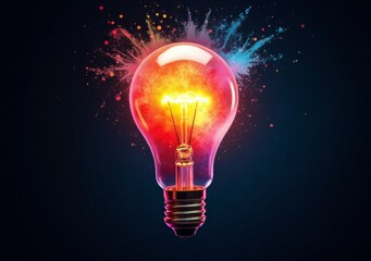 Bright light bulb bursting with vibrant colors and energy against a dark background