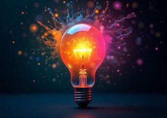Light bulb bursting with vibrant colors and energy in a creative and dynamic display