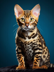 Cute bengal cat kitten sitting on blue background. Studio style shot.