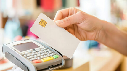Close-up of a Person Using a Contactless Payment Card on a Point of Sale Terminal in a Bright, Modern Retail Environment