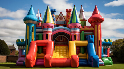 Colorful bouncy castle in park or garden on a sunny day.