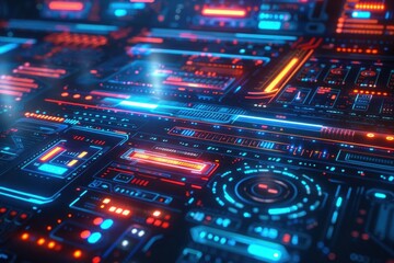 Fototapeta premium Futuristic Interface Design: Red and Blue Neon Lights on a Digital Panel