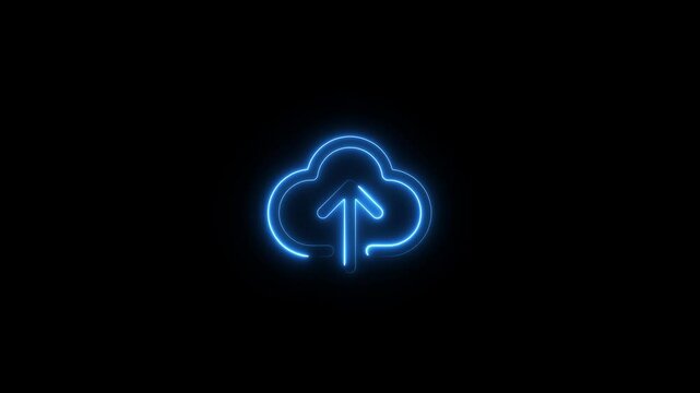 Neon digital cloud icon, data transfer animation.