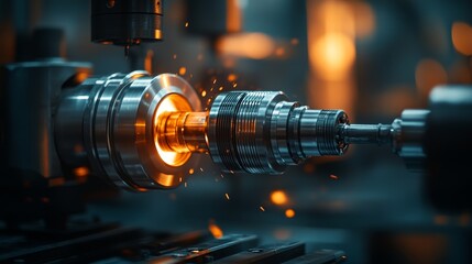 Industrial Metalworking Machine Cutting a Metal Rod with Sparks Flying