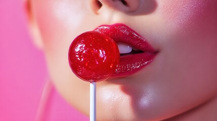 Woman with red lips holding a lollipop on pink background