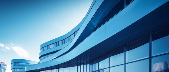 Fototapeta premium A low-angle view of a modern blue building, showcasing innovative architectural design and sleek lines