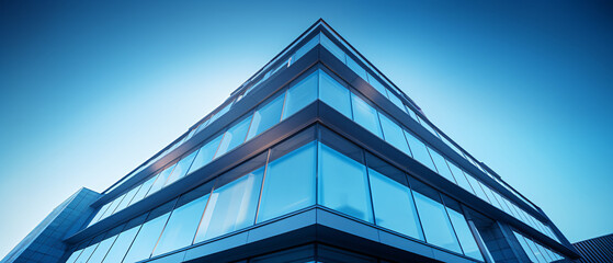 Obraz premium A low-angle view of a modern blue building, showcasing innovative architectural design and sleek lines
