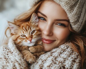 Heartwarming Embrace Woman Caring for Rescued Kitten in Cozy Winter Comfort