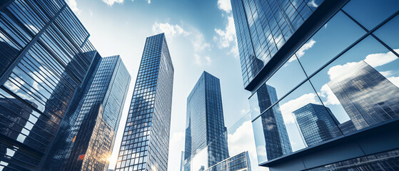 A low-angle shot of tall glass buildings under a cloudy sky, showcasing modern urban architecture.