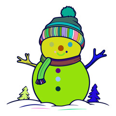 The snowman is wearing a green scarf and a blue and pink striped hat. There are two small trees on the snowman's feet.