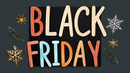 Naklejka premium Colorful Black Friday Text with Decorative Elements on Dark Background Featuring Snowflakes, Pine Leaves, and Festive Accents for Holiday Promotions and Sales
