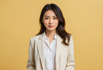 Portrait of Strong Independent Confident Asian American Business Woman in Formalear Against Orange or Yellow Background