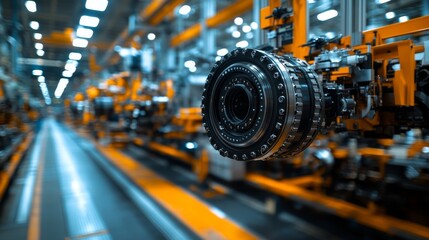 Fototapeta premium Automated Manufacturing Line with Gears and Conveyors in an Industrial Factory Setting