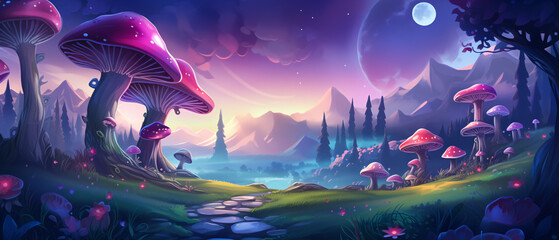 Magic luminous mushrooms in a game-level vector landscape, glowing in a fantasy world with vibrant colors.